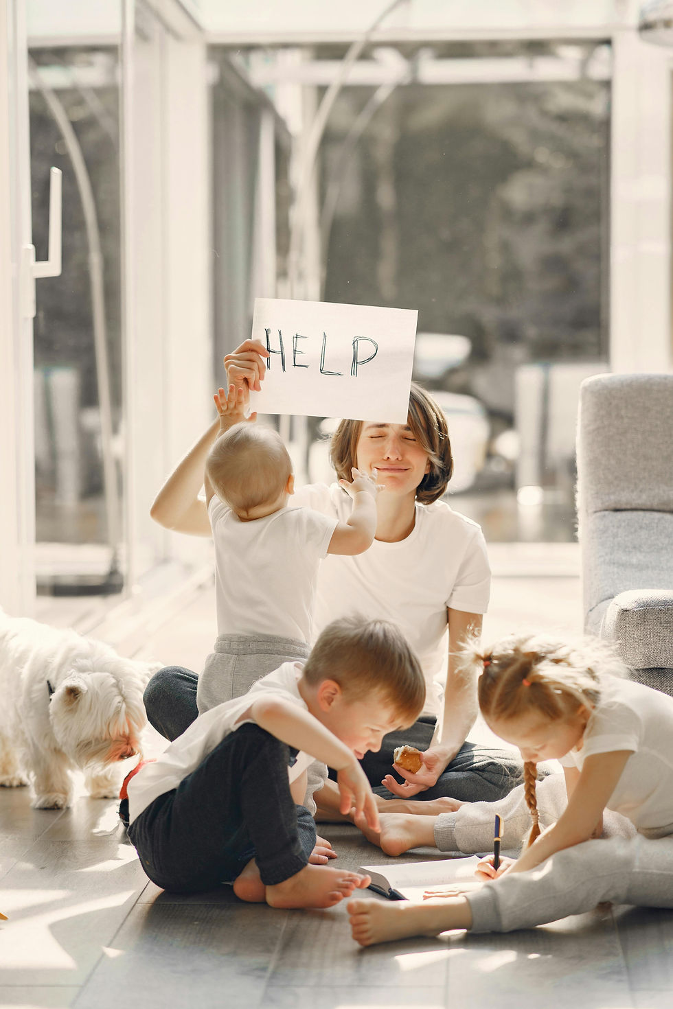 tired mum with kids